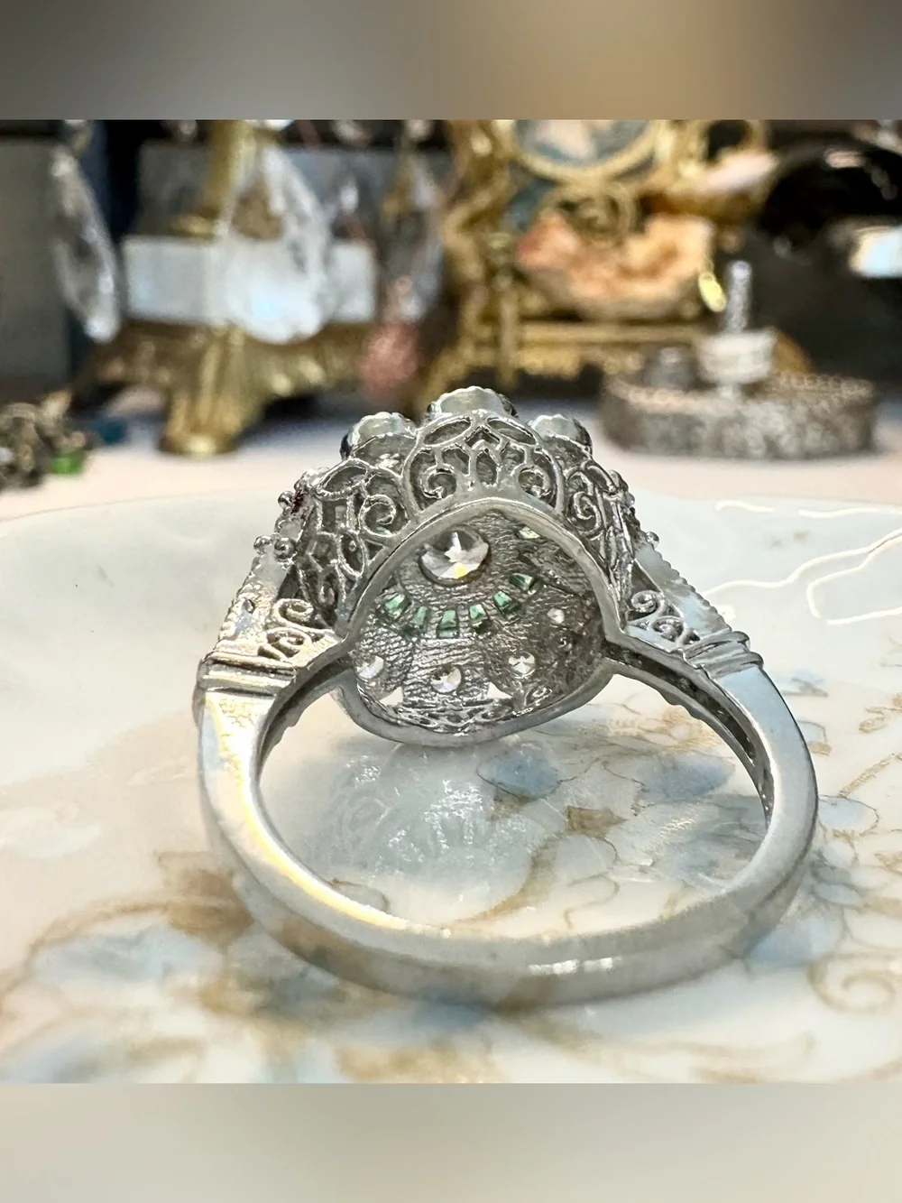 Sterling Silver Art Deco Emerald & White CZ Target Ring (9)